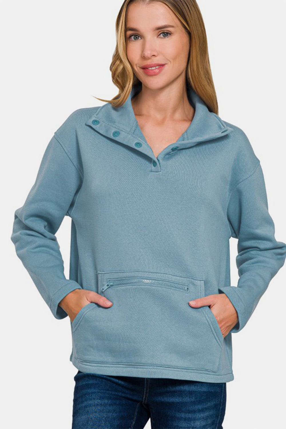 Fleece High Neck Half Snap Button Front Sweatshirt