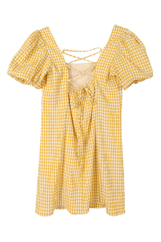 Gingham Puff Sleeve Open Strappy Back Dress