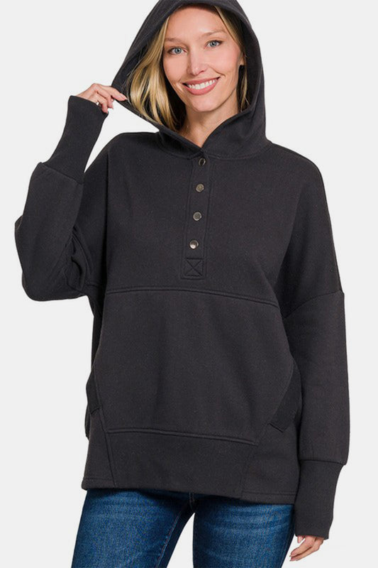 Fleece Half Snap Button Hooded Sweatshirt