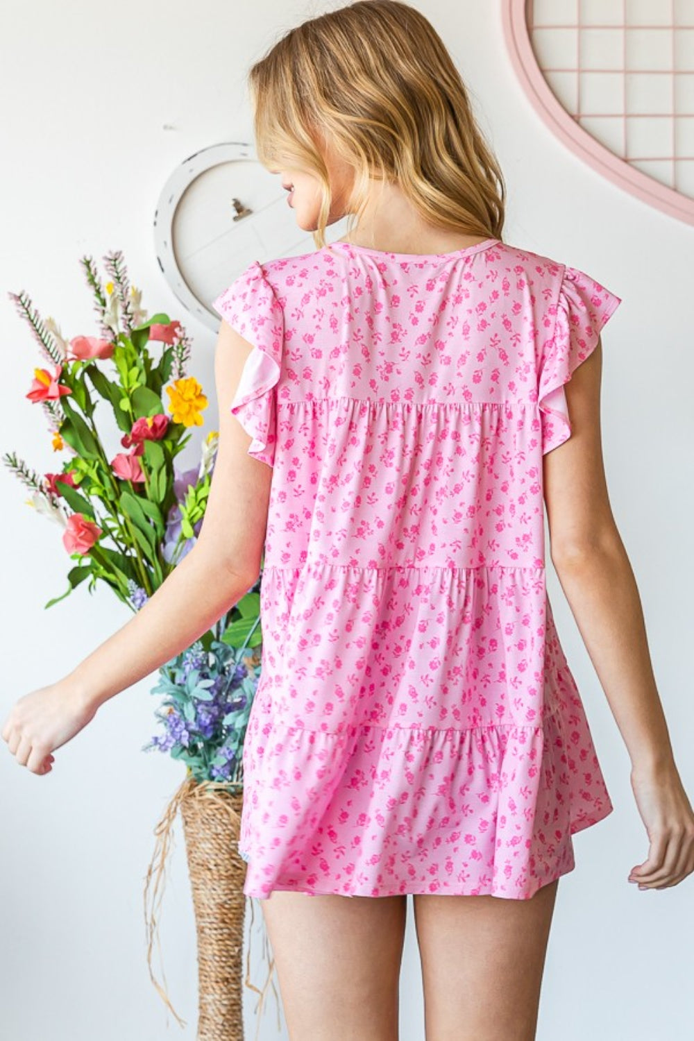 Pink Ditsy Floral Flutter Sleeve Tiered Top