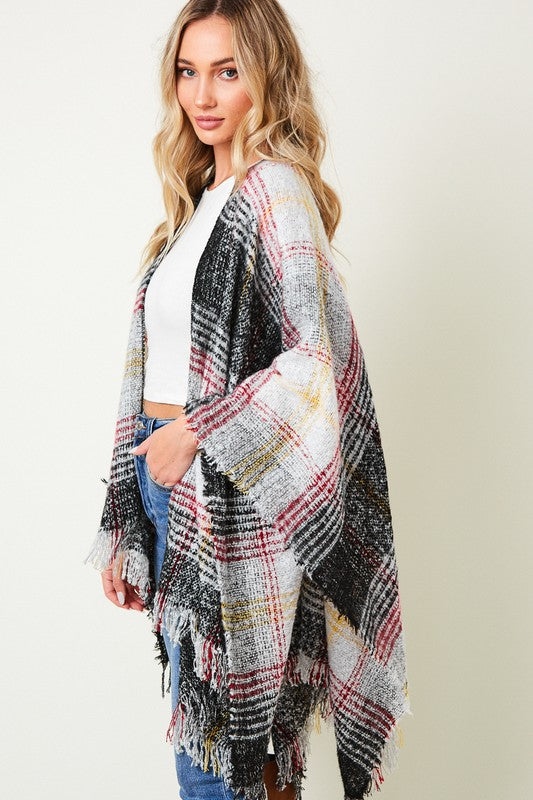 Multi Plaid Fringe Trim Poncho