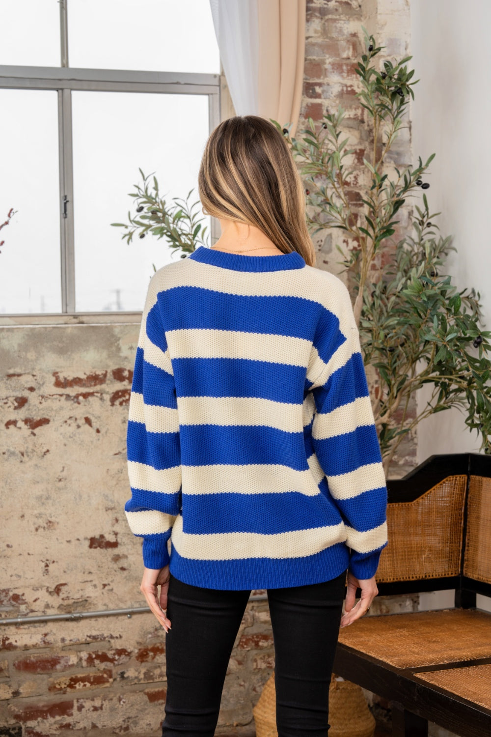 Navy & Ivory Striped Round Neck Sweater