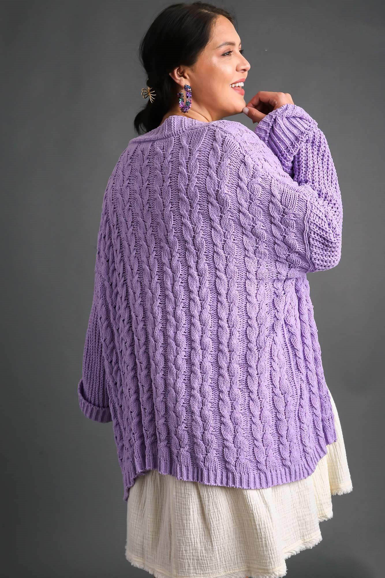 Lilac Cable Knit Open Front Cardigan