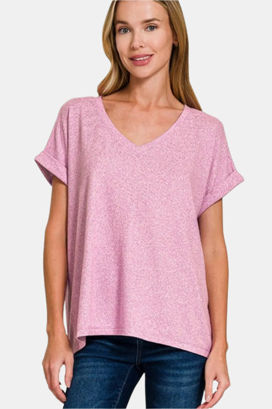 Bright Mauve Soft Melange Hacci V-Neck Tee