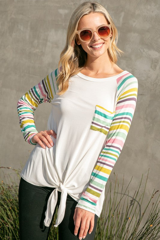 Striped Raglan Pocket Front Tie Top