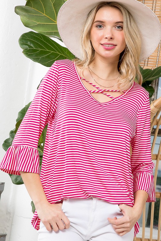 Stripe Lace Up Neck 3/4 Bell Sleeve Top
