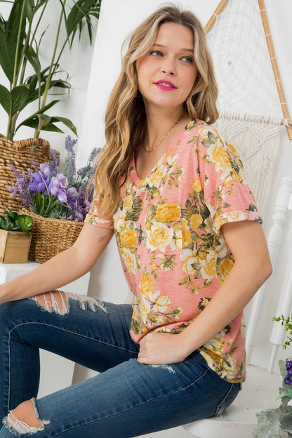 Allover Floral V-Neck Pocket Tee