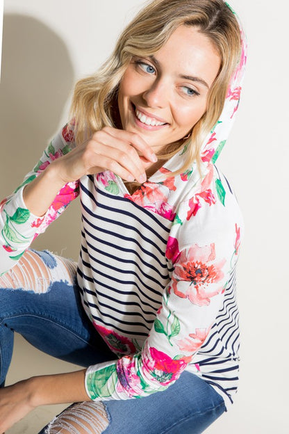 Plus Stripe Floral Kangaroo Pocket Hoodie Top