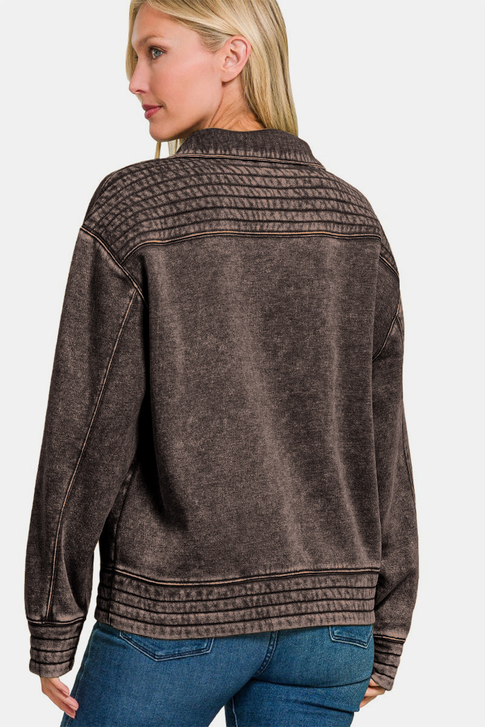 Acid Washed Half Snap Button Front Fleece Sweatshirt