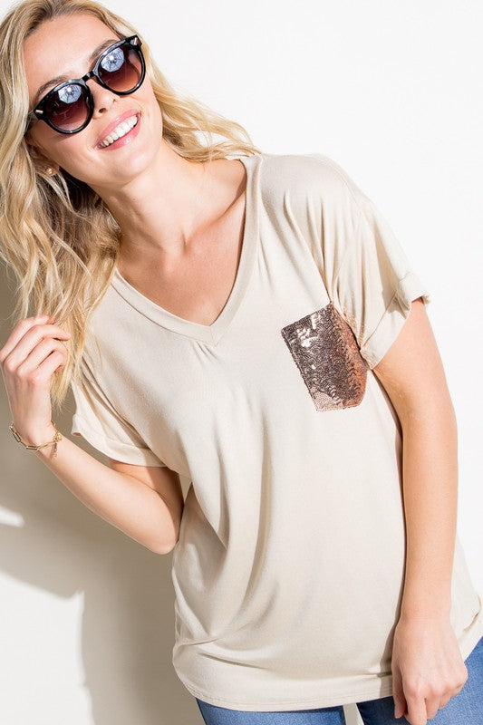 Solid Sequin Pocket Boxy Tee