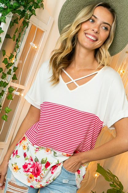 Plus Stripe Floral Lace Up V-Neck Top