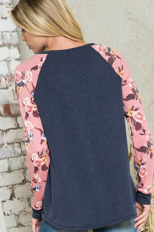 Plus Terry Floral Raglan Sleeve Top