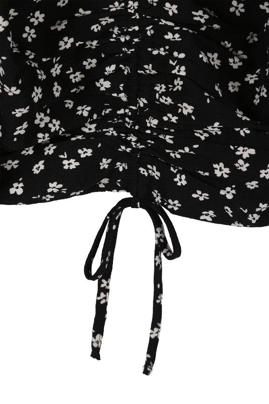 Black Floral Puff Sleeve Ruched Crop Top