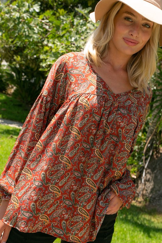 Plus Paisley Bubble Sleeve Babydoll Blouse