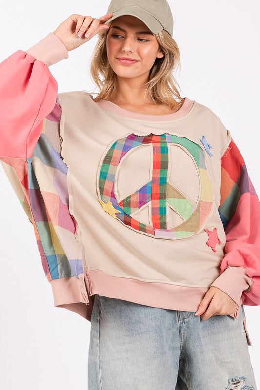 Coral Multicolor Contrast Peace Patch Dropped Shoulder Sweatshirt