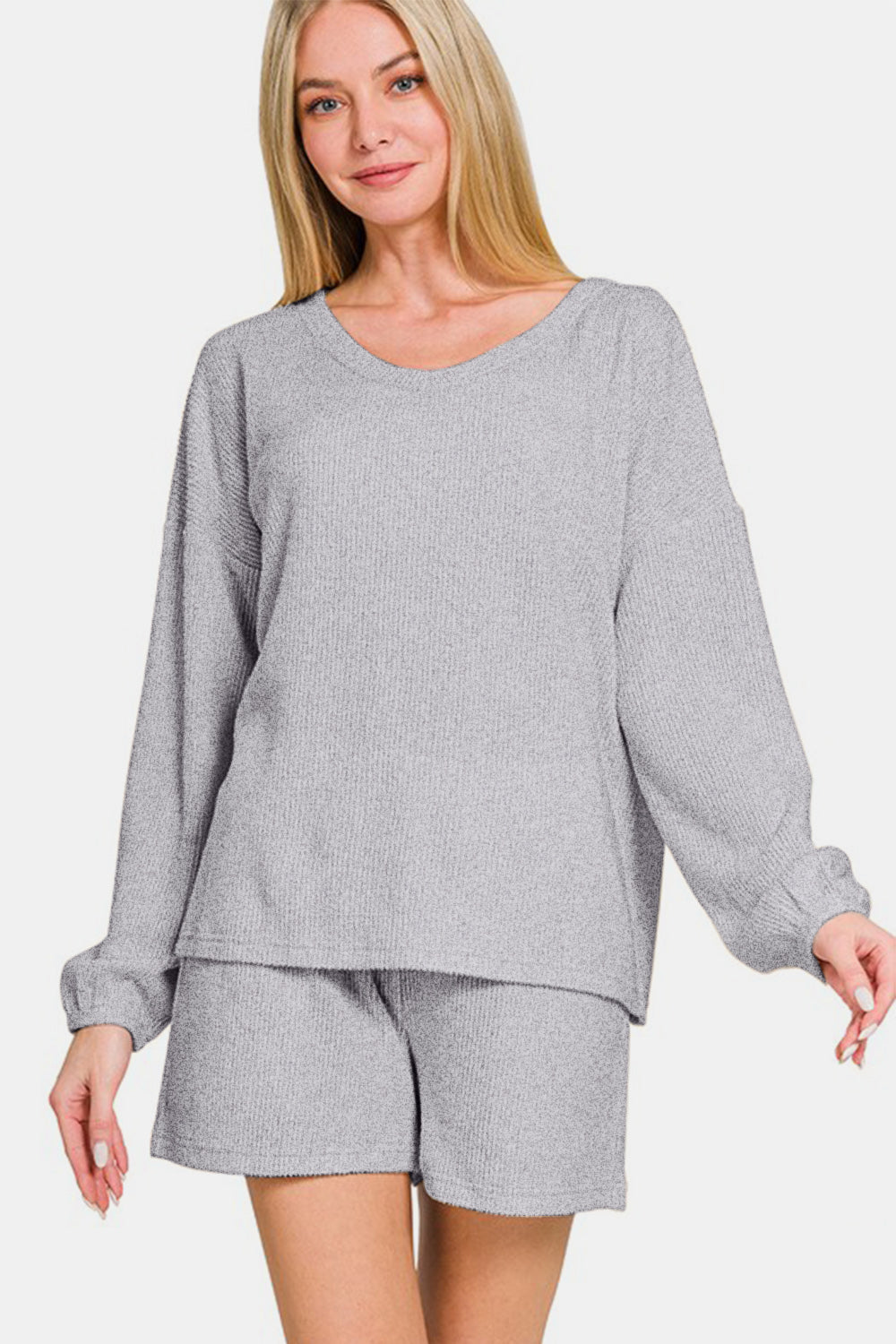 Brushed Ribbed Hacci V-Neck Long Sleeve Tee & Shorts Set