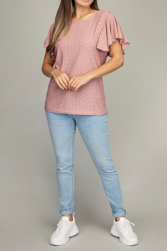 Embroidered Eyelet Flutter Sleeve Top