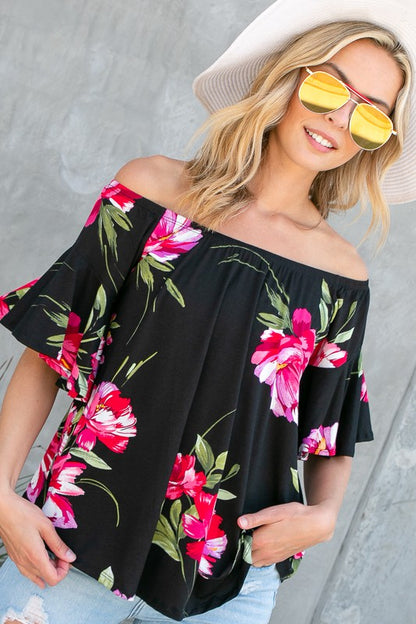 Plus Floral Off Shoulder Ruffle Sleeve Top