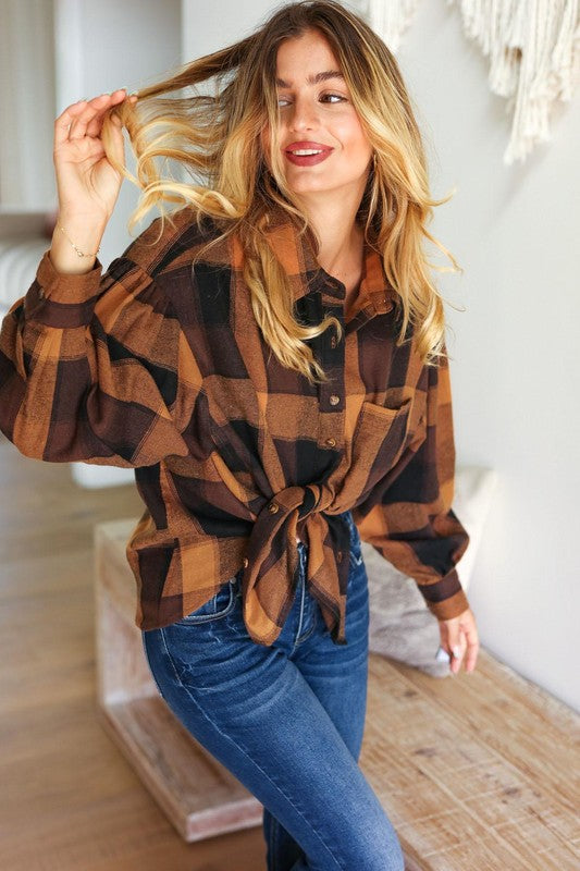 Camel & Charcoal Plaid Button Down Oversized Shacket