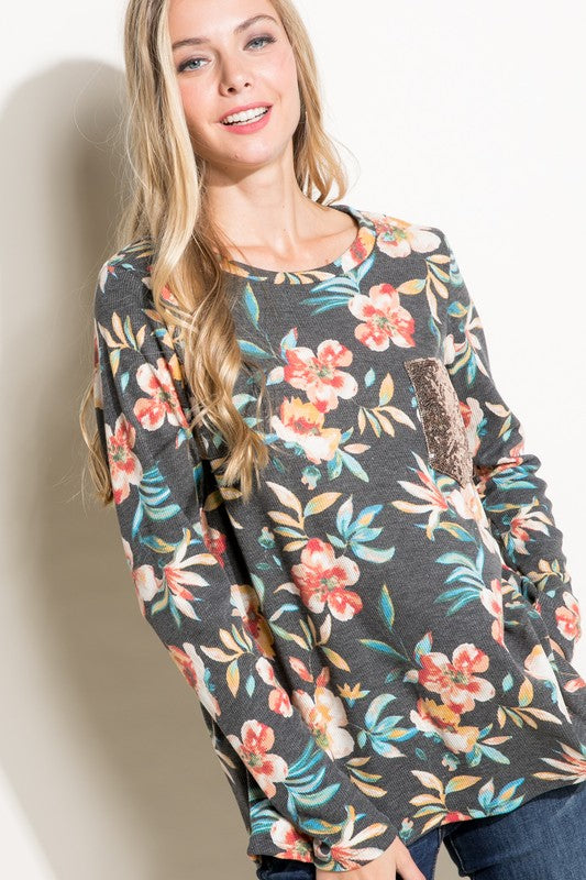 Plus Floral Sequin Pocket Long Sleeve Top