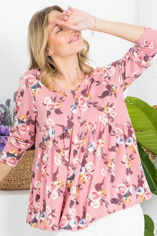 Plus Floral Button V Neck Long Sleeve Babydoll Top