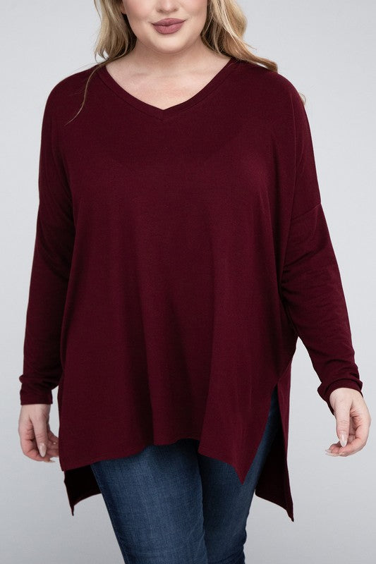 Plus Dolman Sleeve V-Neck Side Slit Hi-Low Hem Top