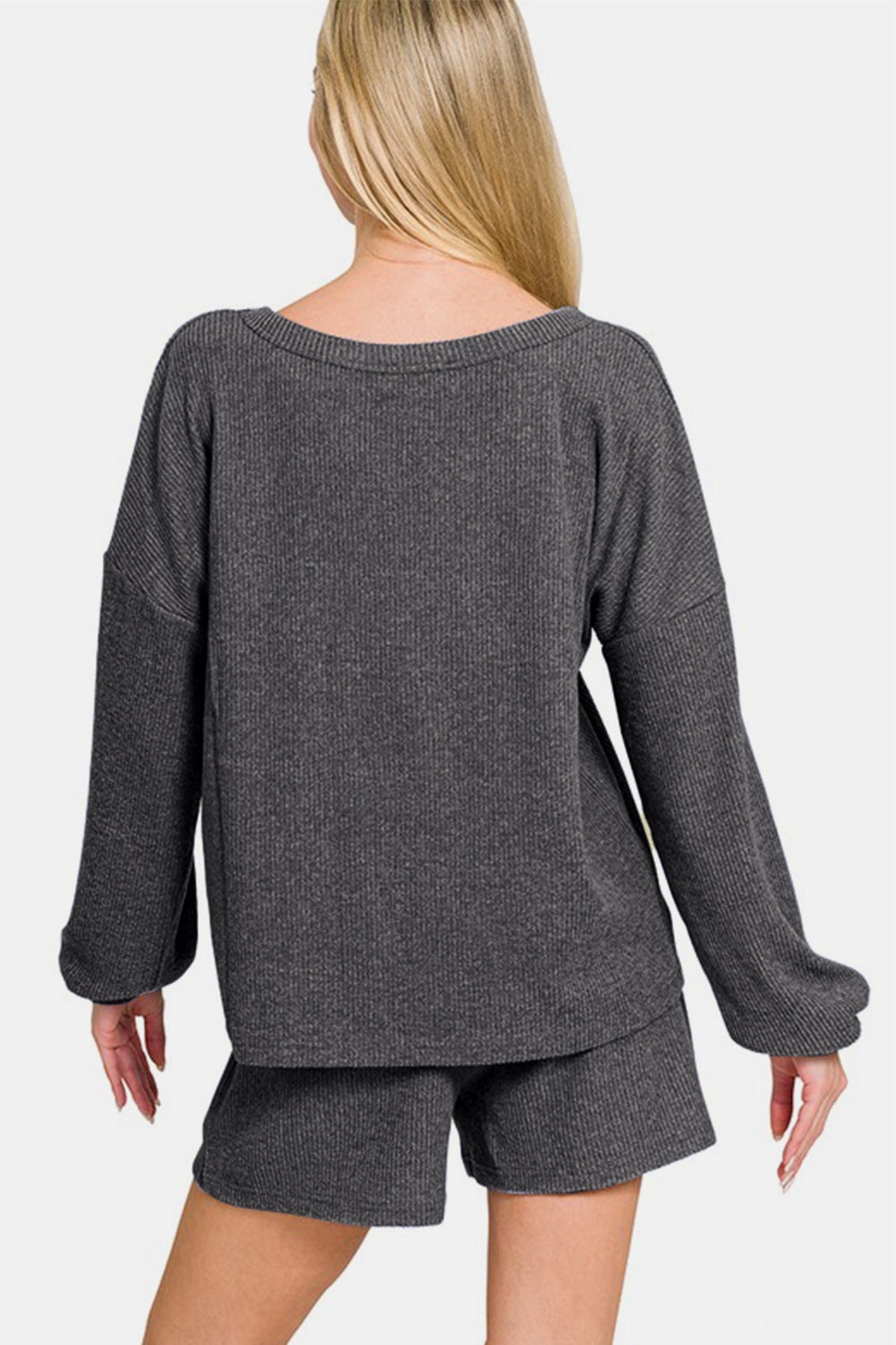 Brushed Ribbed Hacci V-Neck Long Sleeve Tee & Shorts Set