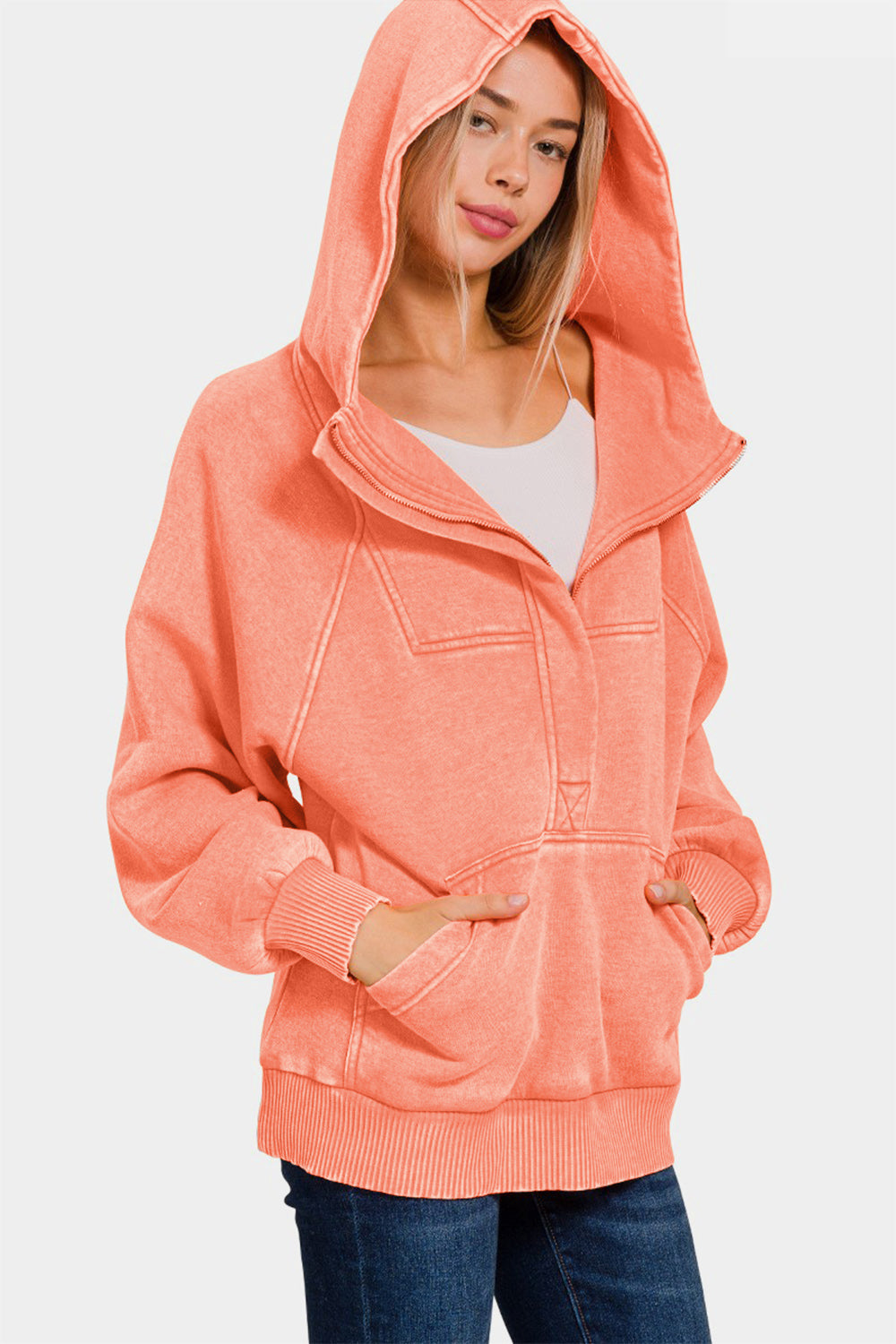 Acid Wash Fleece Oversized 1/4 Zip Kangaroo Hoodie