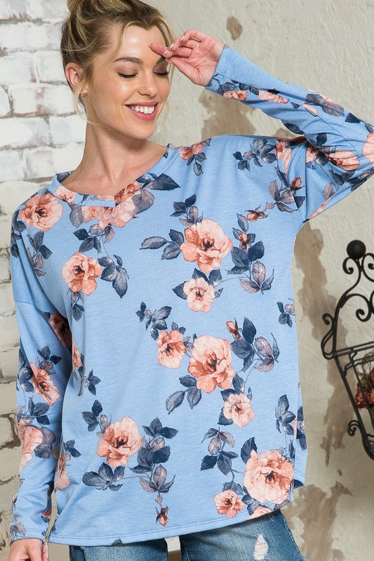 Blue Floral V-Neck Drop Shoulder Top