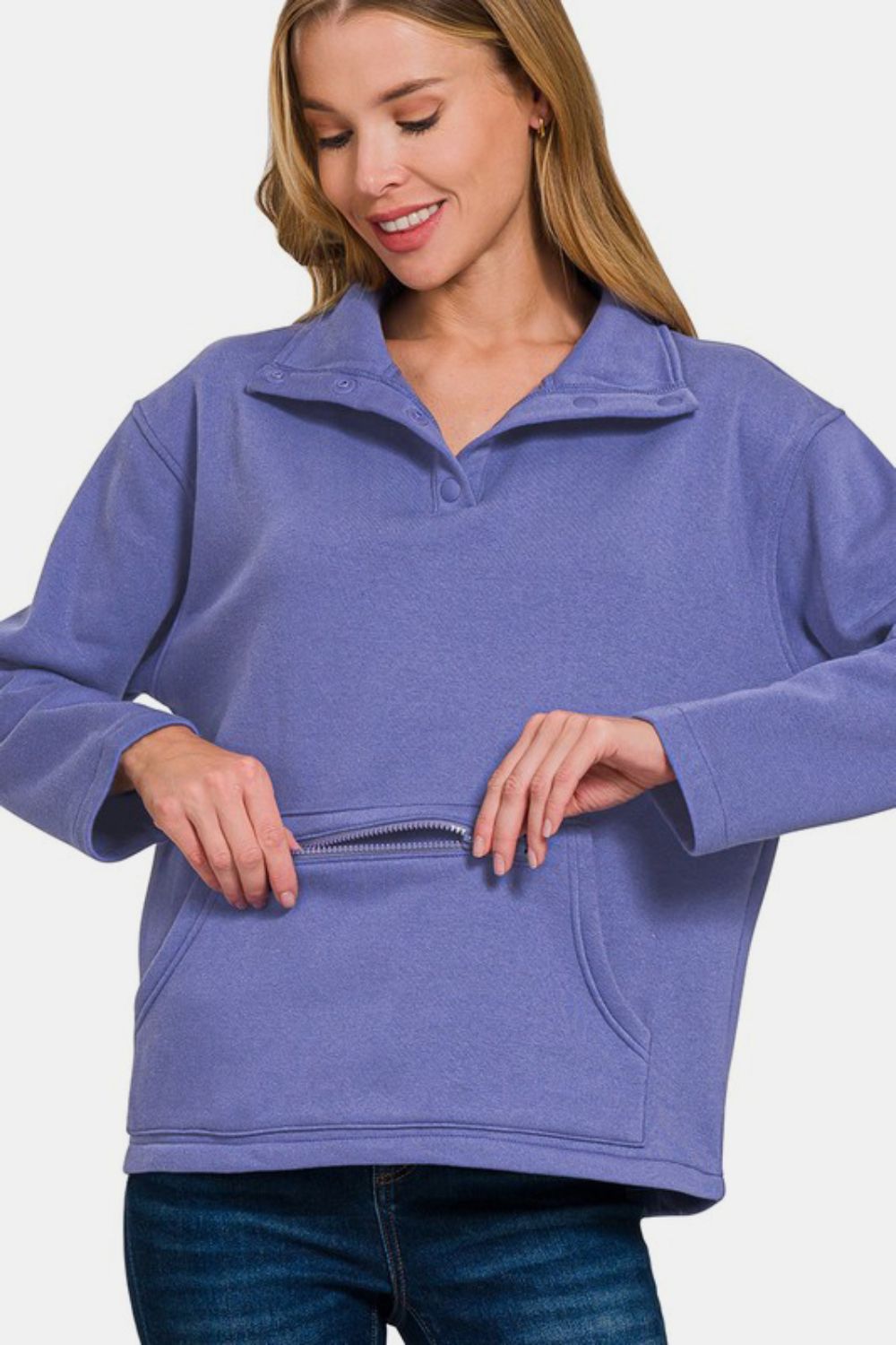 Fleece High Neck Half Snap Button Front Sweatshirt