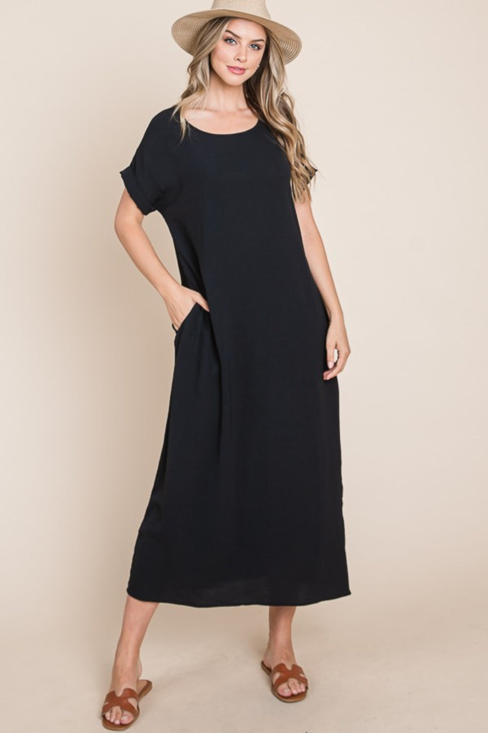 Black Round Neck Short Sleeve Midi Dress with Pockets