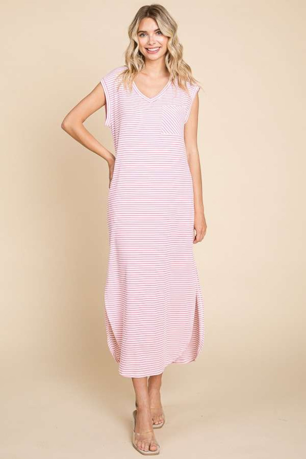 Pink Striped V-Neck Slit Dress with Pockets