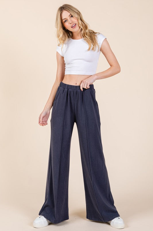 Navy Elastic Waist Wide Leg Pants with Pockets