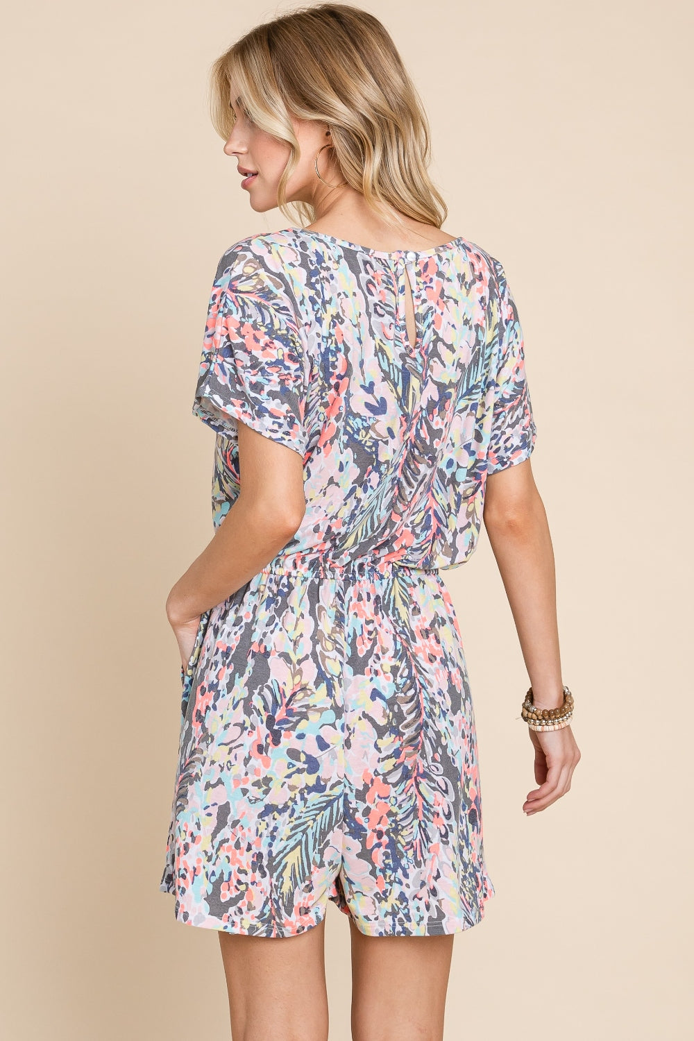 Abstract Leaf Print Drawstring Romper