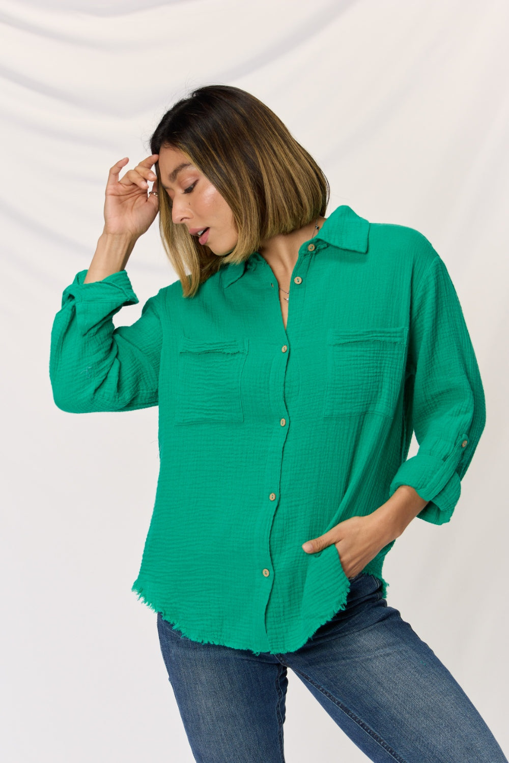 Double Gauze Button Down Roll-up Long Sleeve Shirt
