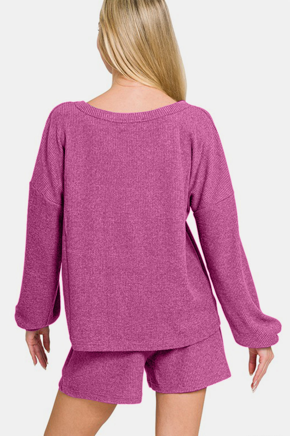 Brushed Ribbed Hacci V-Neck Long Sleeve Tee & Shorts Set