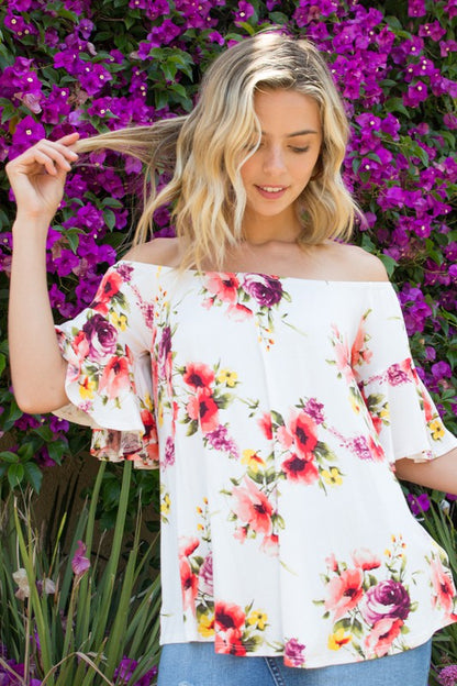 Plus Floral Off Shoulder Ruffle Sleeve Top