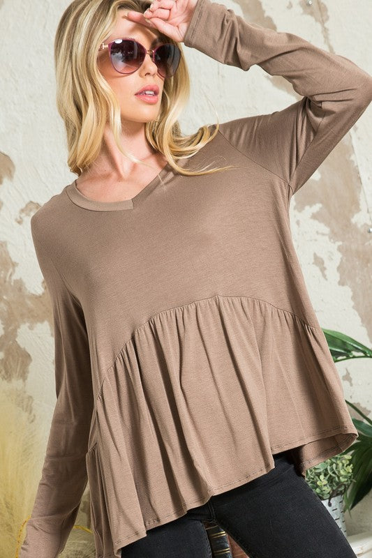 Long Sleeve V Neck Babydoll Top