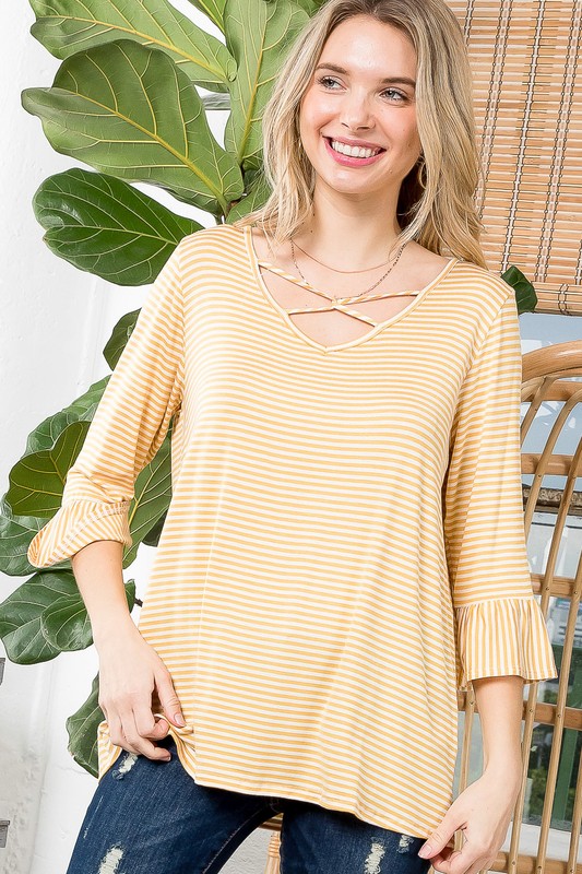 Stripe Lace Up Neck 3/4 Bell Sleeve Top