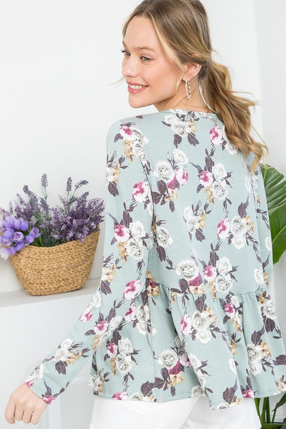 Plus Floral Button V Neck Long Sleeve Babydoll Top