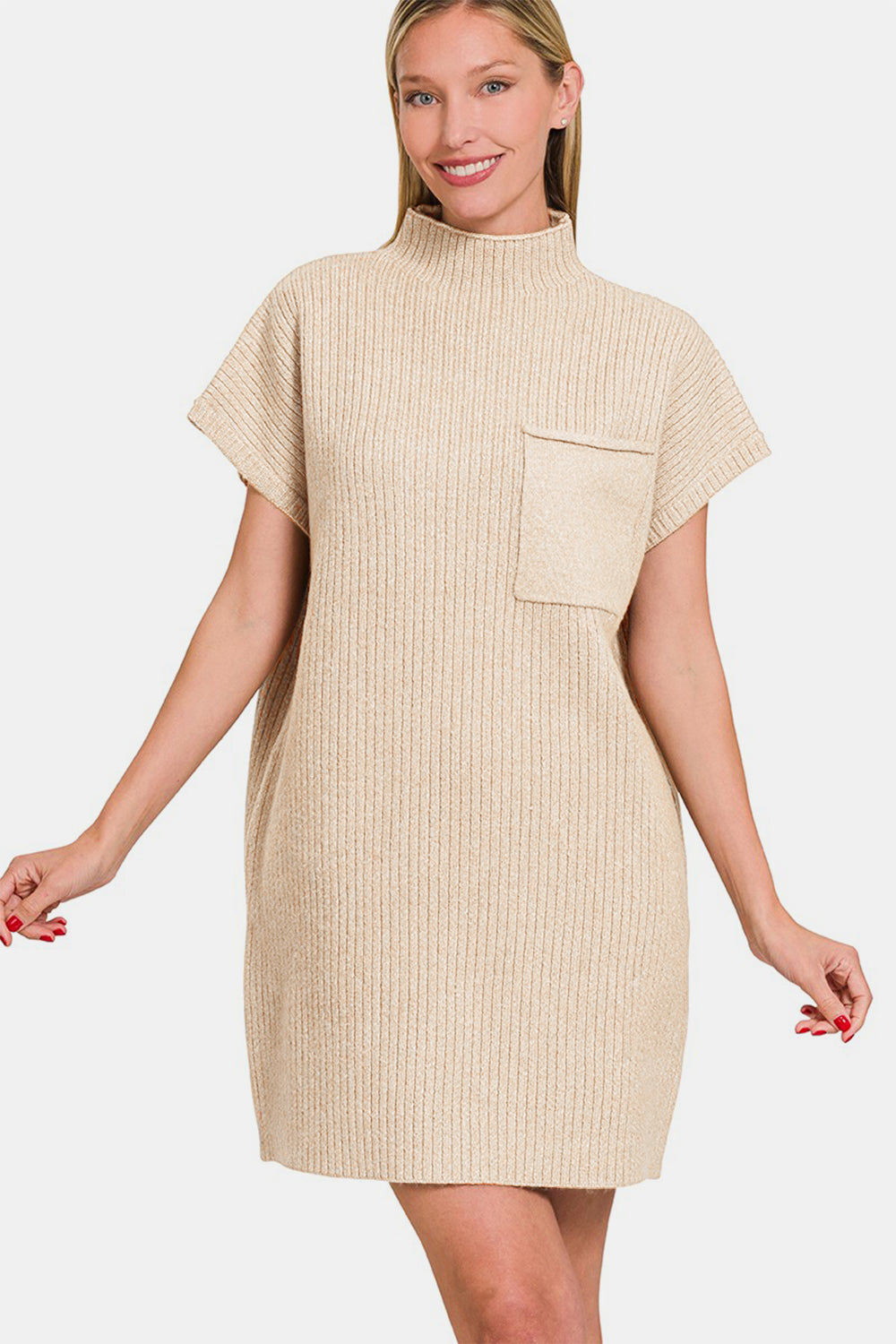 Mock Neck Short Sleeve Sweater Dress With Pocket