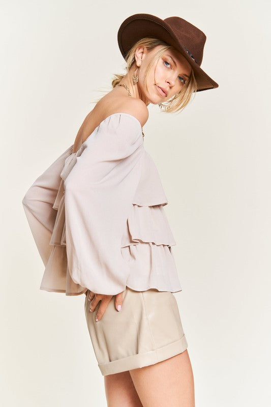 Plus Chiffon Bubble Sleeve Tiered Flounce Blouse