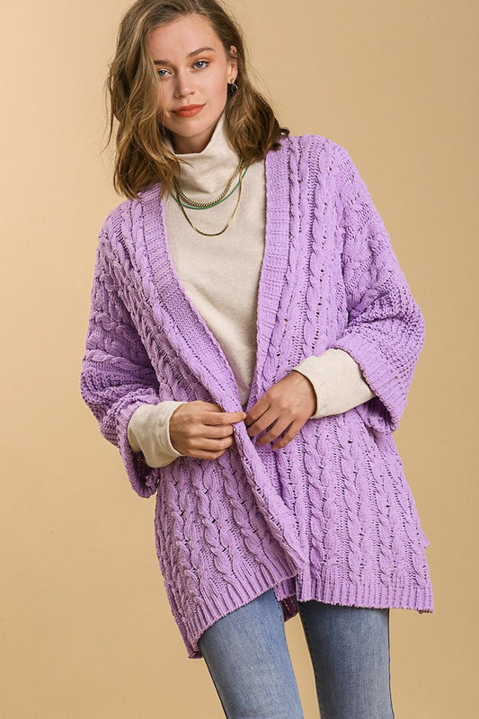 Lilac Cable Knit Open Front Cardigan