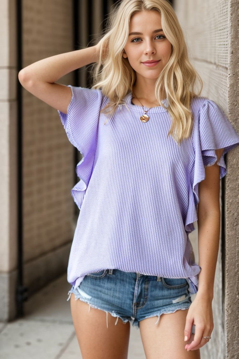 Lavender Ruffled Sleeve Ribbed Top