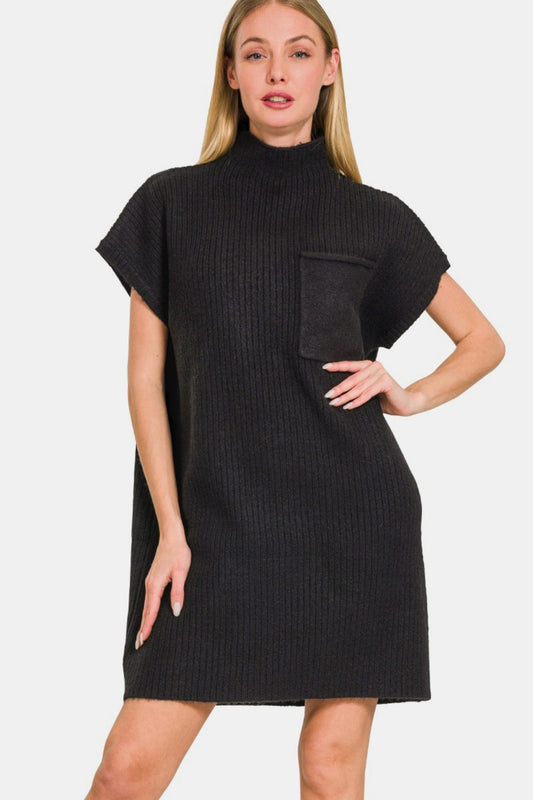 Mock Neck Short Sleeve Sweater Dress With Pocket