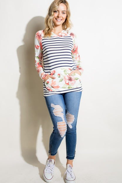 Stripe Floral Kangaroo Pocket Hoodie Top