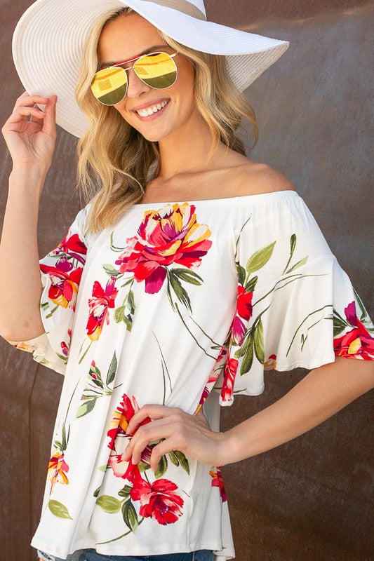 Plus Floral Off Shoulder Ruffle Sleeve Top