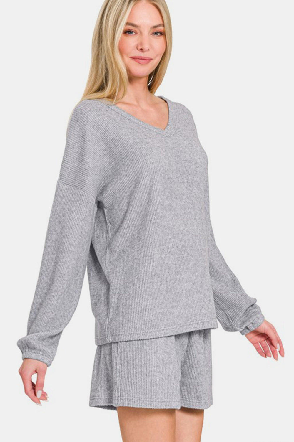 Brushed Ribbed Hacci V-Neck Long Sleeve Tee & Shorts Set