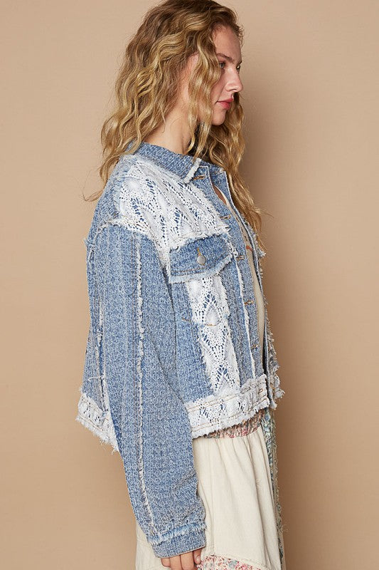 Dusty Blue Floral Embroidered Crochet Trim Jacket