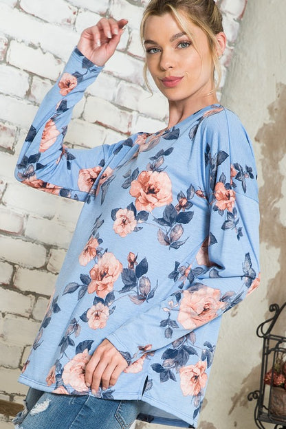 Blue Floral V-Neck Drop Shoulder Top